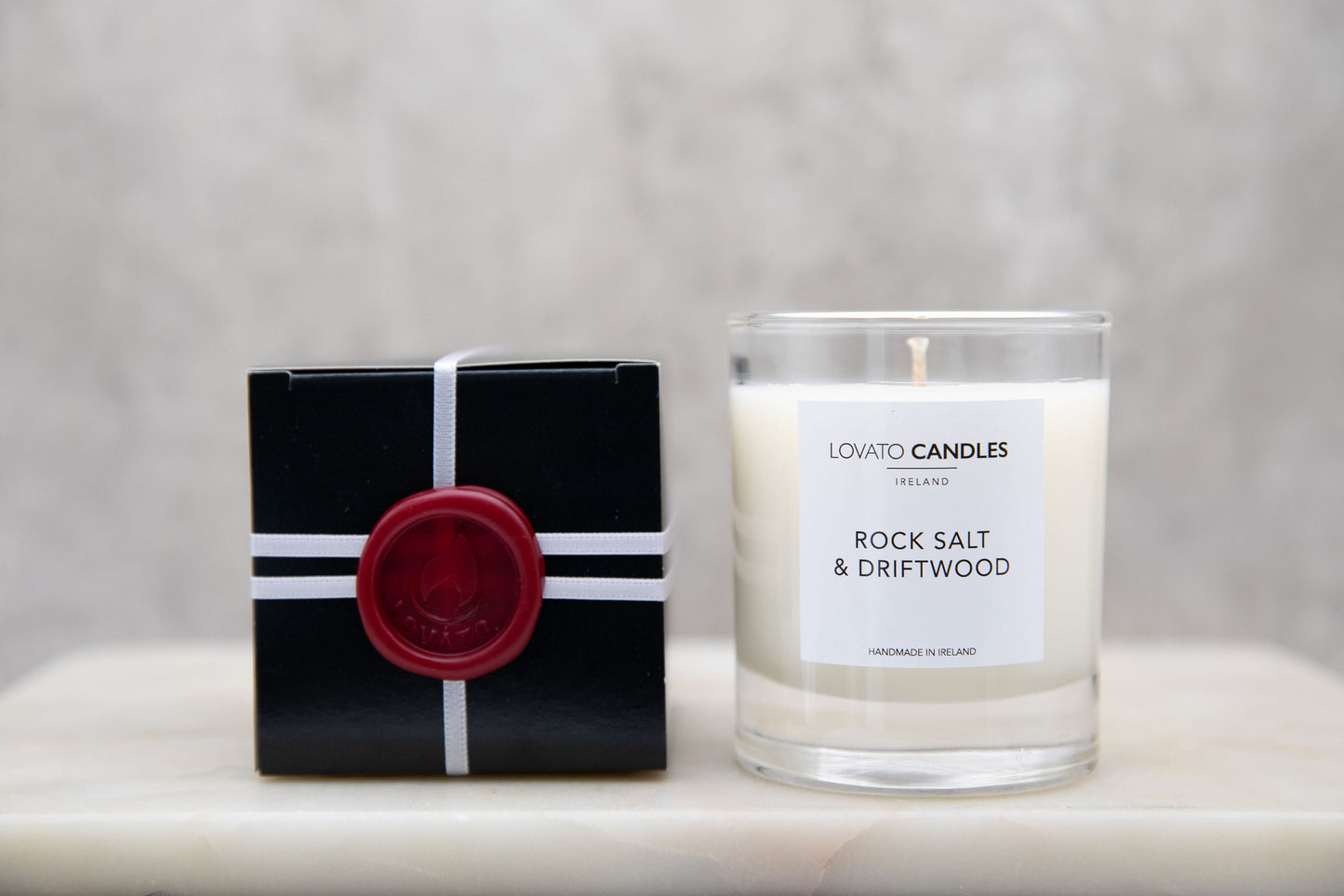 Clear Scented Candle with Luxury Black Box - Rock Salt & Driftwood