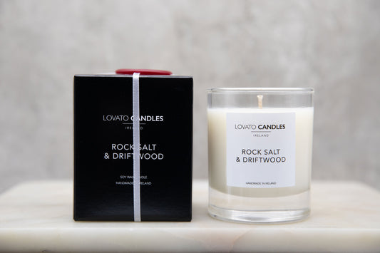 Clear Scented Candle with Luxury Black Box - Rock Salt & Driftwood